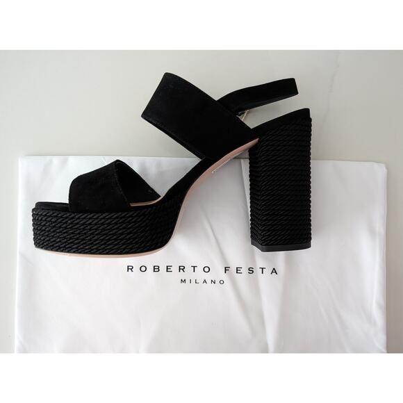 NIB Roberto Festa Milano Suede Sandals Black  EU39.5 US 9.5 120mm Heels Italian - Picture 3 of 9